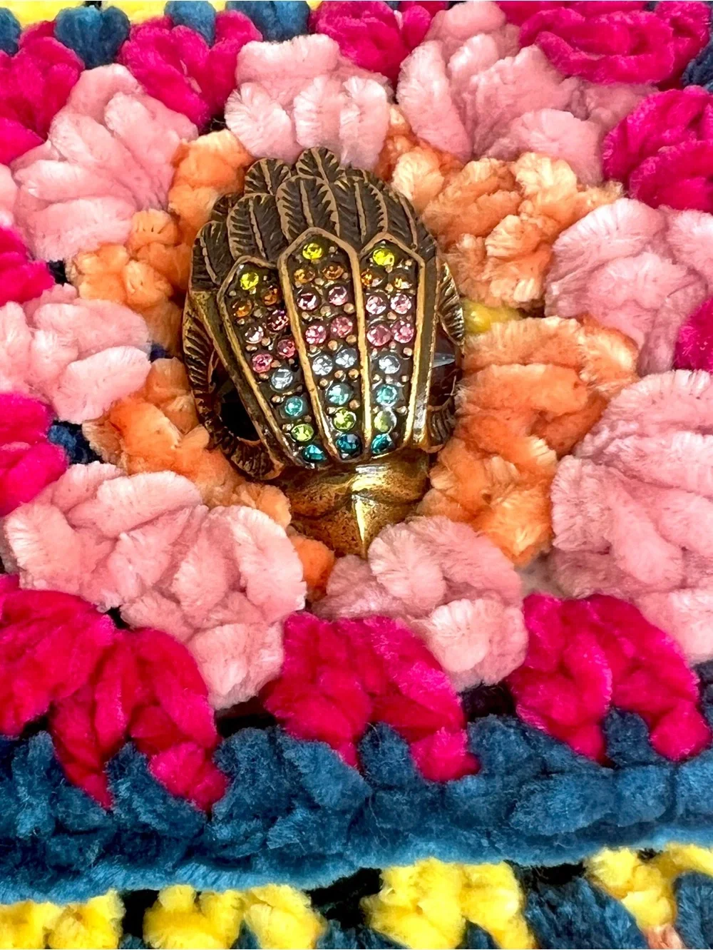 Kurt Geiger Boho Chenille Crochet Patchwork crossbody bag teal, pink yellow blue